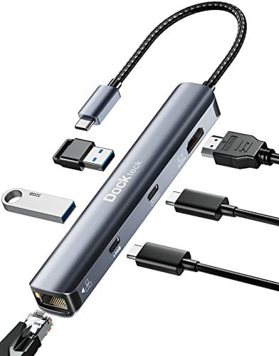 USB C Hub HDMI 4K 60Hz, 6 in 1 Dockteck, Dock Ethernet, MacBook Pro Adapter iPad mit LAN RJ45, 2 USB-C Port Daten 100W PD, 2 USB 3.0, HDMI, für MacBook Air M1/M2, iPad Pro/Air, Surface Pro
