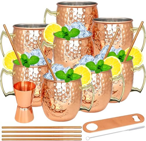Tazas de cobre Moscow Mule - Juego de 8 tazas de acero inoxidable bañadas en cobre, 18 onzas, para bebidas frías (8 piezas)