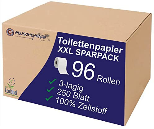 Reuschenbach Toilettenpapier Sparpack XXL, 96 Rollen, WC-Papier 3-lagig, 250 Blatt je Rolle, Klopapier aus Zellstoff