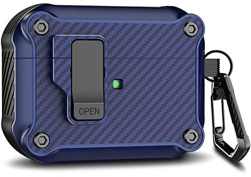 R-fun kompatibel mit Airpods Pro 2 Case 2022 für Männer Frauen, automatischer sicherer Verschlussclip, Hartschale kompatibel mit Airpods Pro Case mit Carbonfaser-Schlüsselanhängerk,Mitternachtsblau