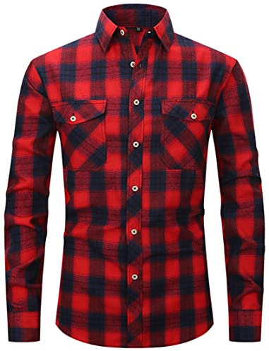 PADOLA Flanelle Chemise Homme Chemises Manches Longues à Carreaux Surchemise Bûcheron Automne Hiver Chaud Veste Haut avec Poche Chemise de Travail (L, 0 Rouge)