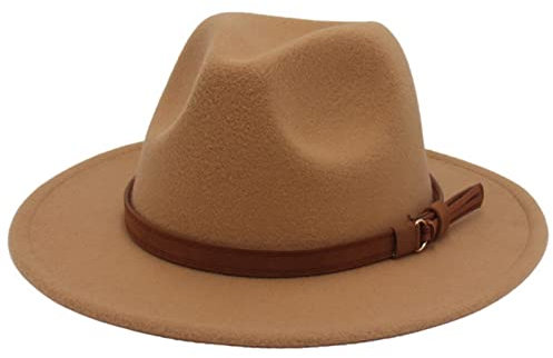 Faringoto Sombrero Fedora de fieltro de lana para mujer, sombrero de iglesia, unisex, ala ancha, marrón claro, M