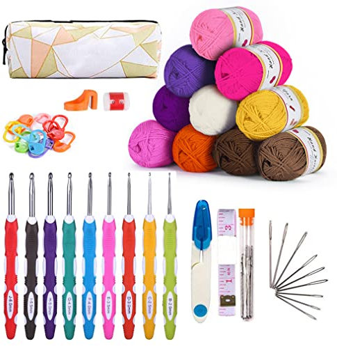 KOHMUI Häkelhaken und Häkelgarn Set, Bunte Ergonomische Soft Gummi HäKelnadeln mit tragbaren Tasche, 10 Farben Acryl Wolle für Häkeln und Kunsthandwerk