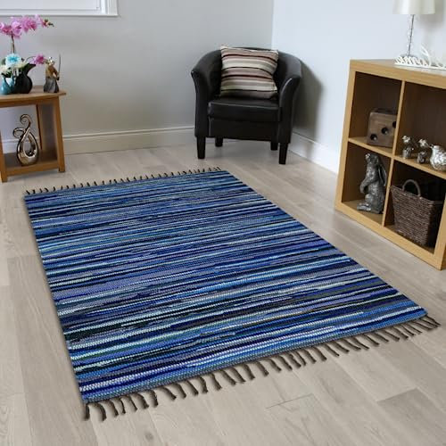 Comfy-co Chindi-Teppich, handgefertigt, 90 x 152 cm, handgewebter Baumwoll-Flickenteppich, wendbar, für Schlafzimmer, Wohnzimmer, Küche, Wohnheim, Eingangsbereich, Flur, Blau / mehrfarbig