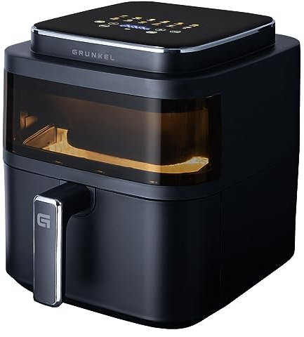 Grunkel - Freidora aire 6L y 1400W - Air Fryer BLACK LIGHT FRYER - 12 programas. Panel control digital a color Multifunción y ventanal visualización retroiluminada. Temporizador 60 minutos (Negro)