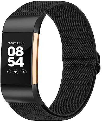 Oumida Bracelet Solo Loop en nylon extensible compatible avec Fitbit Charge 2 pour homme et femme - Bracelet de rechange élastique tressé et réglable - Noir