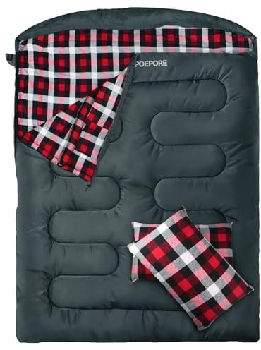 Poepore Doppelschlafsack Flanell für Erwachsene Deckenschlafsack Baumwolle 2 Personen Winter mit 2 Kissen und Tragetasche für Outdoor Camping Wandern 233 * 157CM Grau