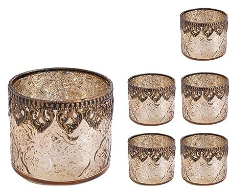 Jinfa 6er-Set Teelichthalter Gold Kerzenhalter Windlicht Glas Kerzengläser Teelichtgläser Weihnachtsdeko Innen Geschenke für Frauen - Zylindrische Form Ø10cm x h9cm