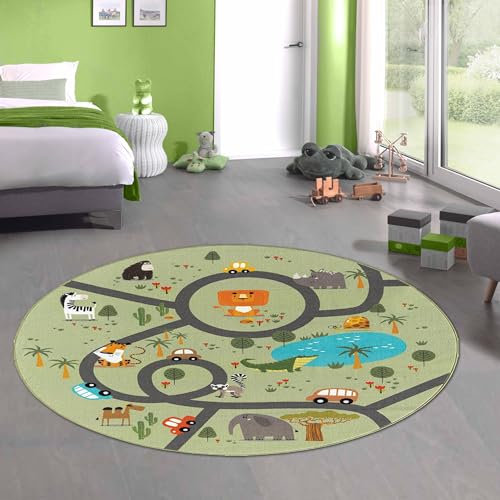 CARPETIA Teppich Kinderteppich Spielteppich Kinderzimmer modern rutschfest waschbar pflegeleicht Safari Straßenteppich grün 200 cm RUND