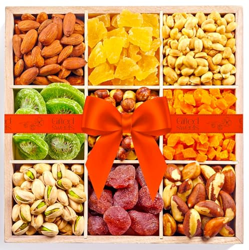 Mother's Day Nuts and Dried Fruit Platter - 9 Variety - Natural Classy Gift Basket - Gourmet Food for Birthday, Sympathy, Get Well, Anniversary, Corporate, Care Package - Reusable Wooden Tray