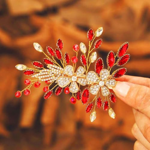 IYOU Kristall Hochzeit Haarspange Blume Rot Barrette Kopfschmuck Strass Haarkamm Prom Braut Haarschmuck für Damen