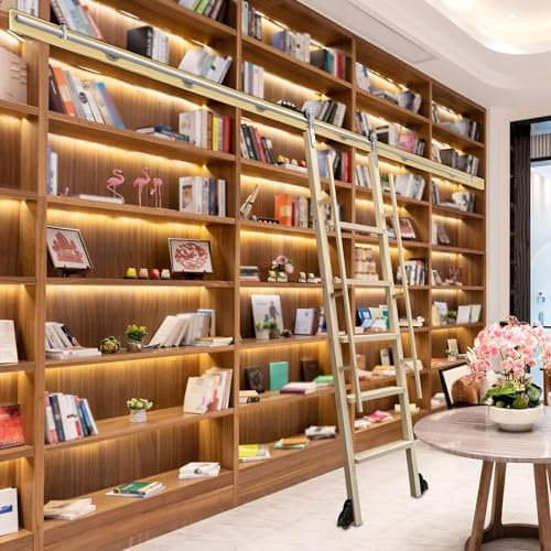 CATANK Schiebeleiter, komplettes Set, Bibliotheksleiter, Schienen-Set, Edelstahl, Rollleiter, Schiene, Bücherregal/Bar/Schrank, Rollleiter-Set, mit Bodenrolle