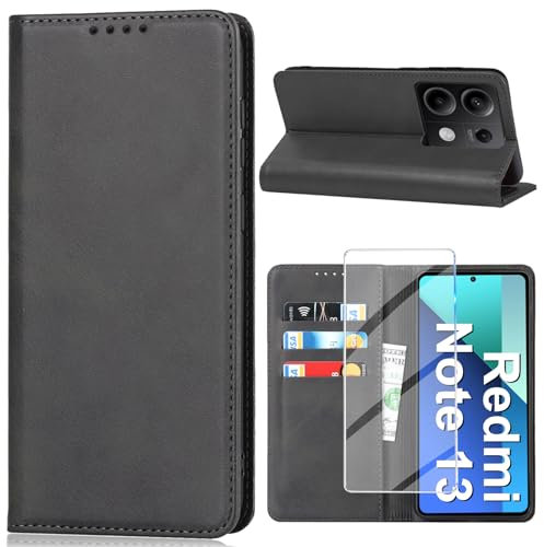 Handyhülle für Xiaomi Redmi Note 13 5G Hülle mit Schutzfolie, Schutzhülle Note 13 5G Leder Wallet Kartenfach Standfunktion Klapphülle Redmi Note 13 5G Case Cover Klappbar Tasche (Schwarz, Note 13 5G)