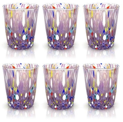 MAZZEGA ART & DESIGN - 6 Bicchieri Tumbler Colombina in Vetro Soffiati e Lavorati a Mano con Murrine di Murano, linea “I Colori di Murano” 350 ml. Made in Italy (VIOLA, 6)