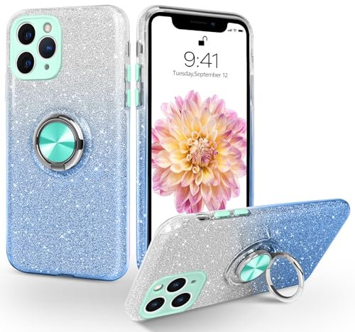 SouliGo for iPhone 11 Pro Max Case Glitter Bling Sparkle Trendy Girls Women Cover with 360° Ring Holder Kickstand Magnetic Car Mount Protective Shockproof Phone Case, Gradient Blue