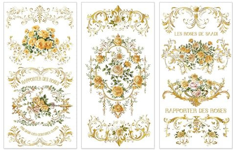 PLIGREAT 3 Blätter Gold Muster Reiben auf Transfer für Kunsthandwerk Vintage Rose Reiben auf Transfer Aufkleber Wunderschöne Möbel Aufkleber für DIY Holz Schublade Schrank Tisch Dekor