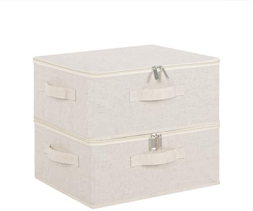 ENUMAIL Caja de Almacenamiento con Tapa, Organizador de Cajones Abatible Debajo de la Cama con Manija, Cestas Almacenaje Para Dormitorio, Paquete de 2, 38×26×15cm, Beige
