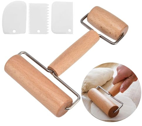 Rodillo de madera pequeño y mediano con 2 rodillos y 3 espátulas, accesorios para hornear, rodillo para extender fácilmente las masas con la mano pizza, postres y pieles de albóndigas
