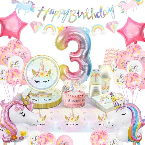 yosiio Unicorn Party Tableware Set, Unicorn 3th Birthday Decoration Set, Children's Birthday Party Paper Plate Set With Unicorn Balloons for Girls 3 Years Birthday Unicorn Theme Party Supplies