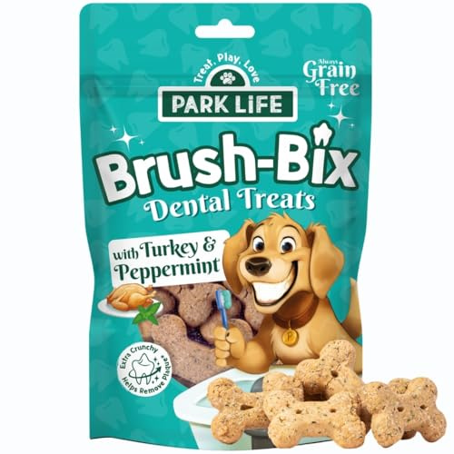 PARK LiFE, Brush-Bix Dental Dog Treats 100g Pouch Bulk Box, Turkey & Peppermint, Helps Fix Bad Breath and Take Plaque Off, Reduces Tartar, Puppy Safe, Grain-Free, All Natural, Fresh Breath Biscuits