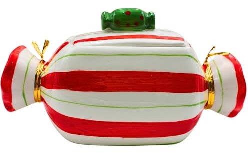 Dekohelden24 Keramik Aufbewahrungsdose/Kaffeedose/Frischhaltedose/Gebäckdose/Süssigkeitendose in rot und grünem Bonbon als Griff L/B/H ca. 16 x 7 x 8 cm.