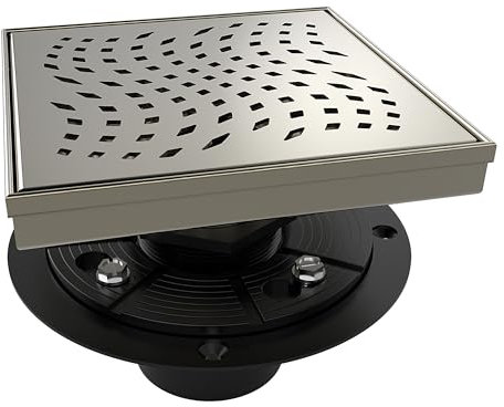 WEBANG 6 Inch Square Shower Drain Nickel Floor Drain with Flange Wave-Hole Pattern Cover Grate Removable SUS304 Stainless Steel Watermark&CUPC Certified Brushed Nickel