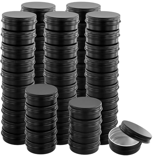SENJEOK 60 tarros de aluminio negro de 30 ml, recipientes de aluminio de 52 x 20 mm con tapas, latas redondas de 28.3 g para hacer velas, manualidades