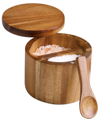 Generisch Salzdose aus | Salz- und Pfefferdose aus Akazienholz Salzstreudose Küchensalzbehälter mit schwenkbarem Magnetdeckel und integriertem Löffel - für Pfeffer, Zucker, Salz, Gewürze