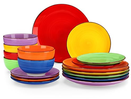 vancasso Serie BONITA Vajillas Completas 6 Personas, Platos Vajilla 18 Piezas, Pintados a Mano, Vajilla Moderna de Colores - Platos Llano, Platos de Postre y Cuencos de Cereales, Apto para Microondas