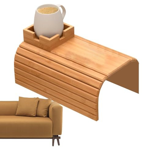 Bandeja para Soportes De Taza De Sofá, Bandeja De Bambú Plegable con Portavasos, 2025 Nueva Bandeja De Soporte De Taqueo De Bambú, Bandeja De Mesa De Brazo De Sofá De Bambú Desmontable Desmontable