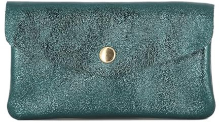 Double Tree - Porte-Monnaie Femme en Cuir Véritable Irisé Élégant - Petit Portefeuille Brillant à Rabat Format Enveloppe Mi-Long - Léger et Pratique - Bleu Canard
