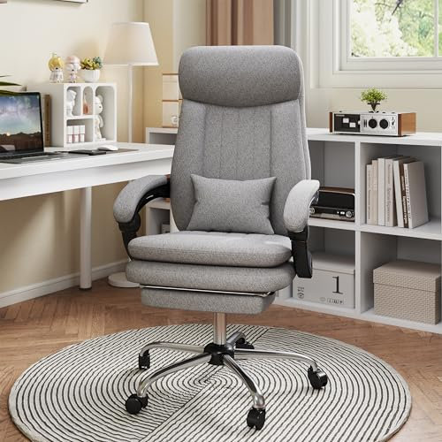 NSMAZXO Bürostuhl, Ergonomischer Bürostuhl mit Fußstütze,Hohe Rückenlehne mit Lendenstütze für Home Office, Executive Computerstuhl,Höhenverstellbar,135° neigbare Rückenlehne,Leise Rollen, Grau
