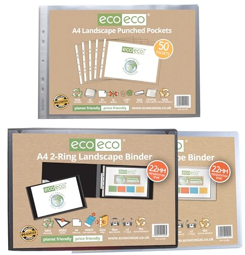 eco-eco eco145_146_204 A4-Ordner aus 95% recyceltem Material, 22 mm Rücken, 2 Ringe, Querformat, Schwarz/Transparent, plus 50 Stanztaschen im Querformat, 2 Stück