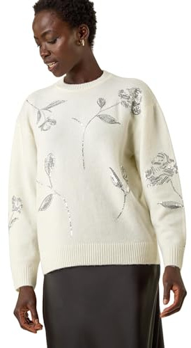 Roman Originals Women Sparkly Embellished Jumper Ladies Diamante Sequin Hotfix Winter Sweater NYE New Year's Eve Christmas Party Going Out Shiny Smart Work Pullover - Ivory Floral - Size 14