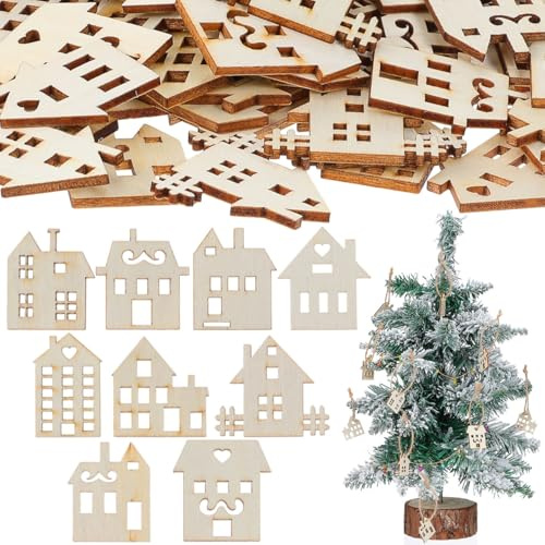 Angoily 100 Stk Holzhäuser zum Basteln - Mini Holzhaus zum Bemalen Kinder | Glatte Holzstücke zum Bemalen & Basteln, vorgebohrte kleine Holzhäuser für Kinder, kreative Deko für Kindergarten & Schule