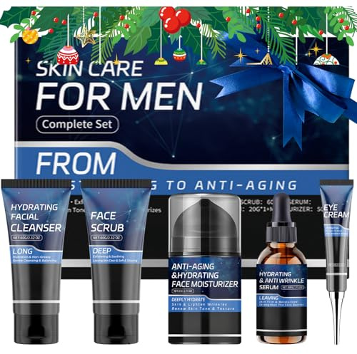 Men's Skincare Gift Set - Anti-Aging Face Care Kit with Moisturiser, Cleanser, Scrub, Serum & Eye Cream for Deep Hydration - Complete Pamper Set for Men, Birthday & Christmas Gifts for Him,5PCS