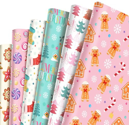 12Pcs Candyland Christmas Wrapping Paper Sheets, 68x50cm Pink Blue Candy Gingerbread House Xmas Gift Wrapping Paper,Recyclable Christmas Wrapper for Winter Party,Birthday,Festive,Xmas Gift Boxes Décor
