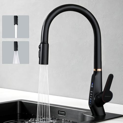 Mai & Mai Mitigeur Robinet Cuisine Affichage de Température LED Noir 43cm | Mitigeur Évier Extensible, Bec Extractible, Fabriqué en Laiton, Pivotant à 360°, 3 Modes de Jet, Eau Chaude ou Froid, MS8085
