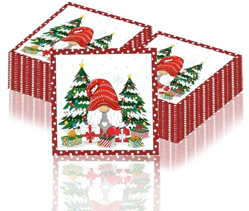 PIujsym Servietten Weihnachten 40 Stück Rote Weihnachtsservietten Klein mit Motiv Gnom Tannenbaum und Geschenken 33x33cm Servietten Advent für Tischdeko weihnachts Winter Familie Einweg