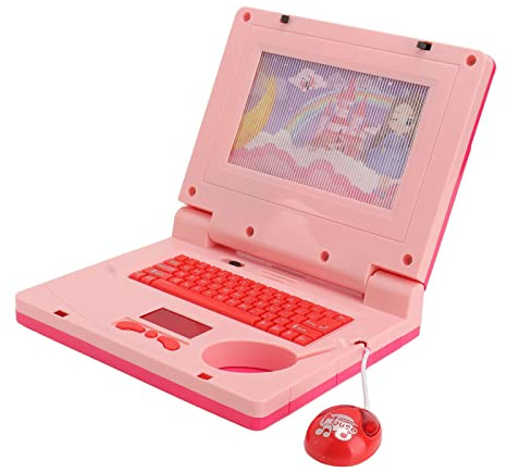 MENDUNER Computer Didattico per Bambini con Musica e Altoparlante, Laptop Educativo a LED per Bambini, Design Sicuro, Materiale Plastico, età 3-6 Anni (Topo rosa non retrattile)
