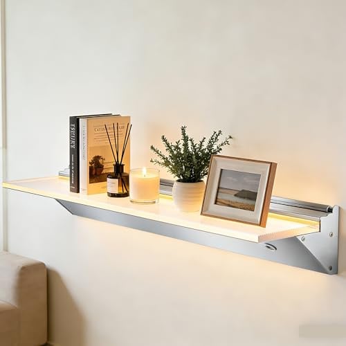 SUNXURY LED Wandregale 90cm Glasboden Regal mit LED-Beleuchtung für Wohnzimmer, Bar aus Aluminium und 8 mm Satiniertes gehärtetes Glas(Geätztes Satinierung), 3 Farbe modi, sensorgesteuert