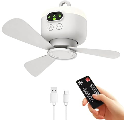 PORFOYO Ventilador de techo con iluminación para camping, camping con luz, batería integrada de 8000 mAh, 3 velocidades, recargable por USB, ventilador de camping para pesca, senderismo, exterior