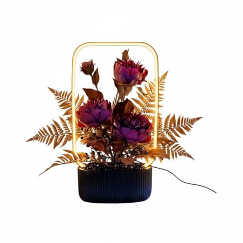 Modern LED Floral Table Lamp 37cm – Decorative Purple Peony & Fern Accent Light with Black Ribbed Base, Contemporary Mood Lighting for Bedroom, Living Room or Office – Mains Operated