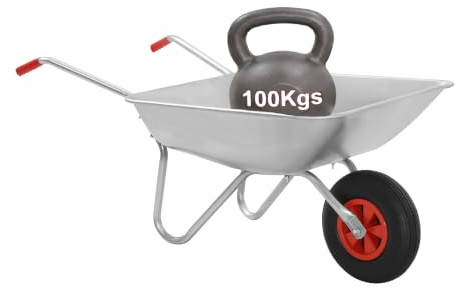 BARGAIN FACTORY 65L Wheelbarrow Cart Galvanised with Pneumatic Tyre for Home & Garden, Heavy Duty, Load upto 100kg, Silver