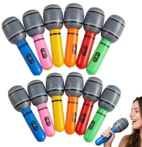 12 Pcs Inflatable Microphone, Blow Up Microphone, Inflatable Microphones for Parties, Party Props, Rock Star Pop Star Props,Six Colours