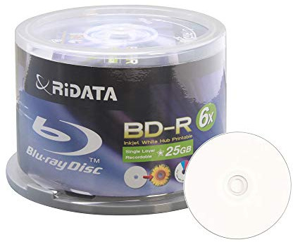 50 Pack Ridata 6X BD-R BDR 25GB Single Layer Blue Blu-ray White Inkjet Hub Printable Recordable Blank Media Disc with Spindle Packing