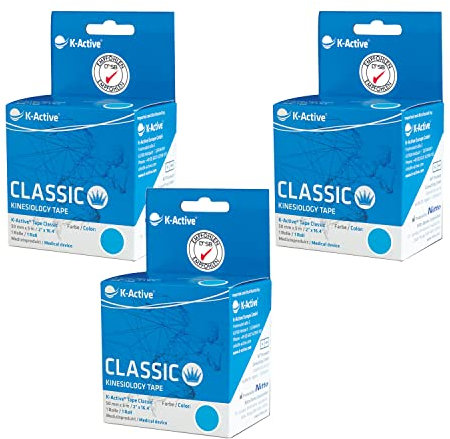 K-Active Kinesiologie Tape Classic BLAU, wasserabweisend und hypoallergen, 50 mm x 5 m, 3 Rollen
