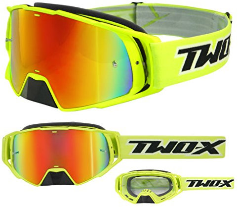 TWO-X Cross-Brille - Motocross-Brille mit verspiegeltem Iridium Glas - Motorrad-Brille - Enduro & Downhill - Schutz-Brille - Modell Rocket - Neongelb
