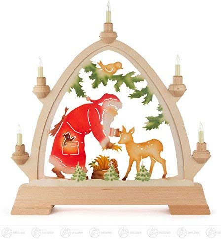Rudolphs Schatzkiste Rundbogen Weihnachtsmann mit REH farbig, elektrisch beleuchtet BxHxT = 42x42,5x6,5cm NEU Erzgebirge Schwibbogen Lichterbogen