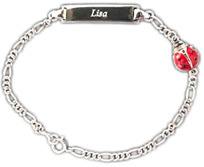 KIDDI-MEDIA ID Armband mit Gravur, 925 Silber mit rotem Marienkäfer, 16 cm | Komplett, für Baby oder Kinder, verkürzbar durch jede 4. Öse, inkl. Schmuckschachtel